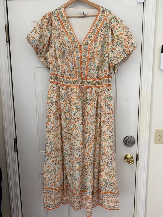 None Dresses & Skirts - Women's Floral Maxi Dress - Cream & Orange